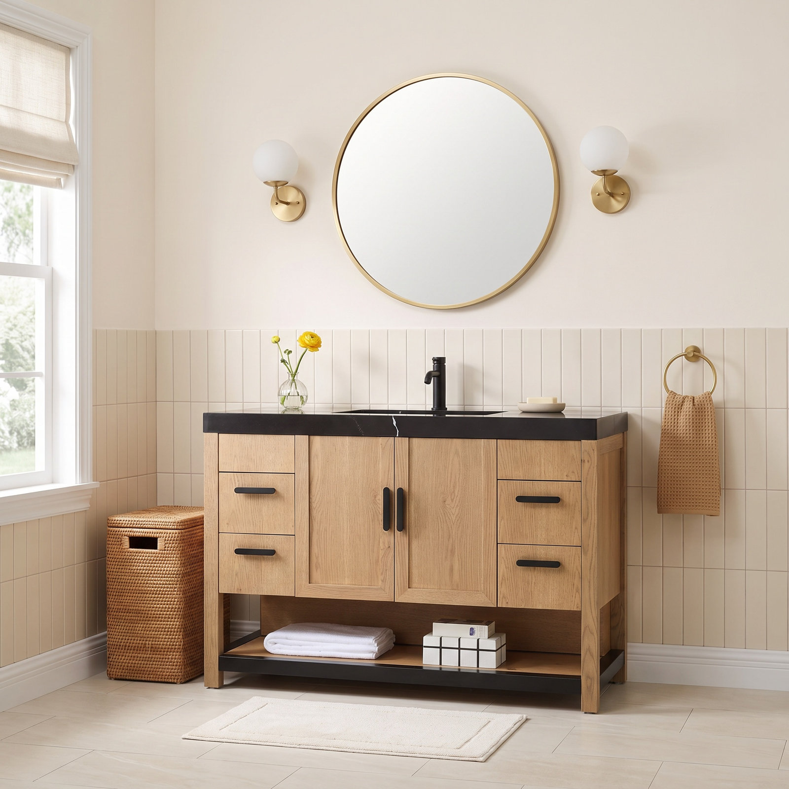 Willard 48" Single Bathroom Vanity, Black, Pecan Oak