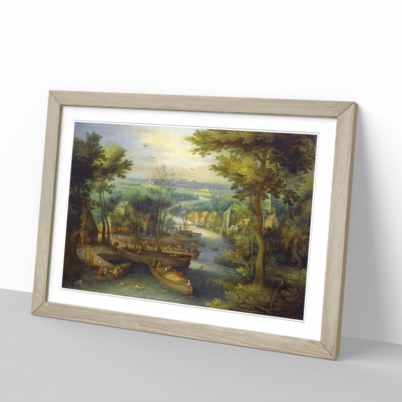 River Landscape by Pieter Bruegel the Elder - Picture Frame Painting, 36cm H x 48cm W x 2cm D, Oak Framed