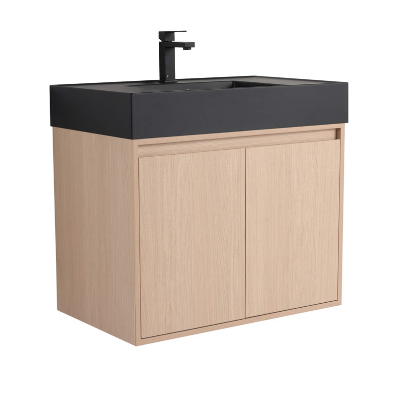 Meuble-lavabo mural 30 po avec lavabo blanc en chêne blanc, Beige, Matte Black