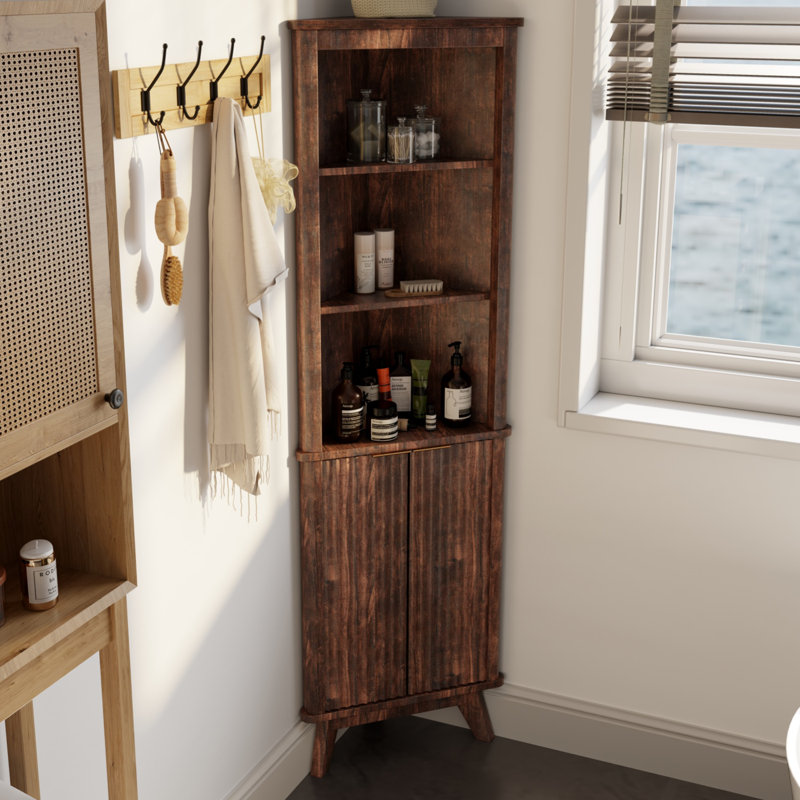 Grande armoire de coin autoportante, armoire de rangement d'angle pour salle de bain réglable, armoire de présentation, Noyer