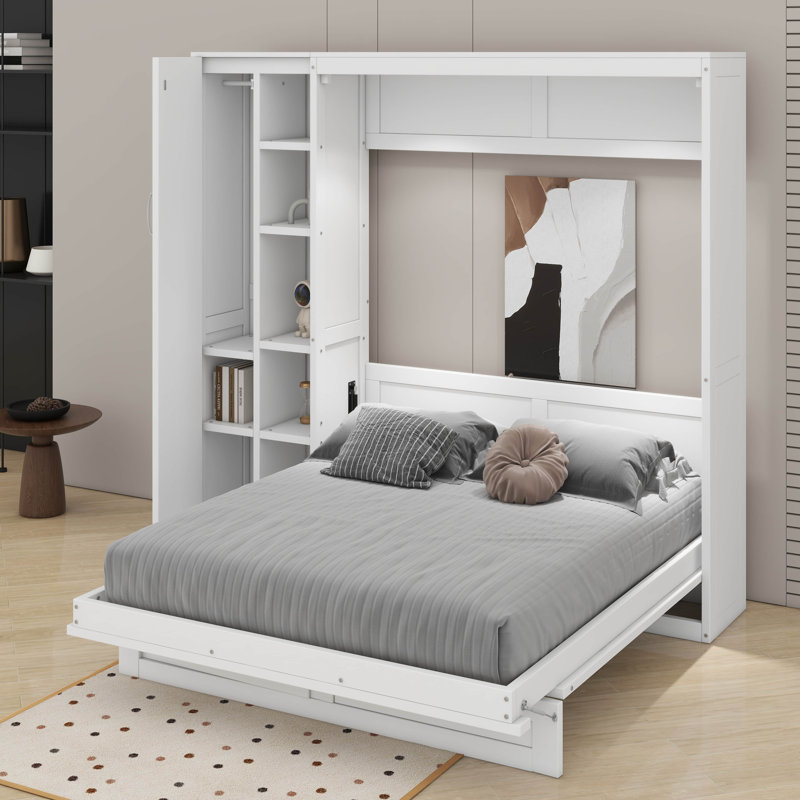 Lit escamotable double avec tablettes, garde-robe et DEL, Blanc