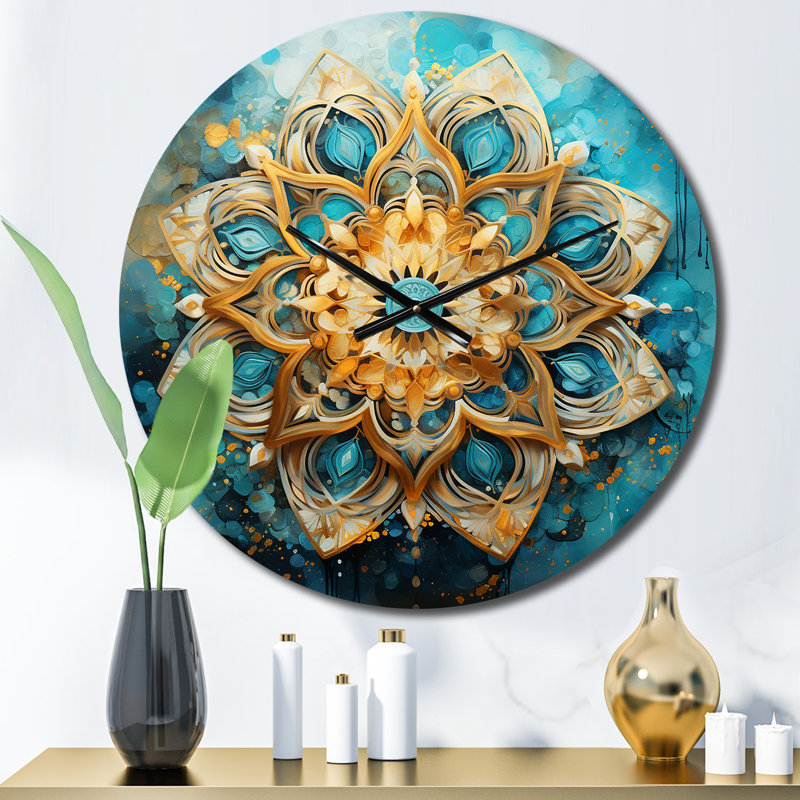 Horloge murale Divine Mandala en métal doré et turquoise III, Petit