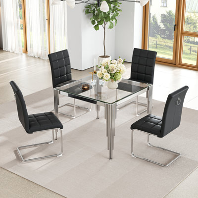 37" Square Glass Dining Table Set Of 4, Modern Tempered Glass Kitchen Table With Stainless Steel Legs For Kitchen, Living Room
