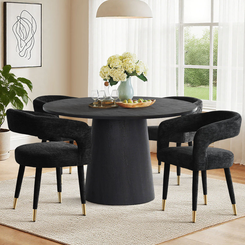 Ensemble de salle à manger moderne 5 pièces avec table à piédestal ronde et chaises à dossier ouvert rembourrées, Noir