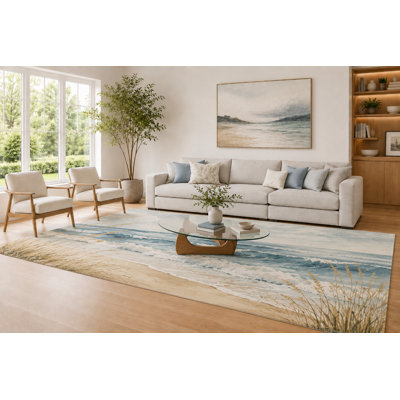 "Ultra Light Weight" Large 6'7" x 9'10"  Beige and Blue Coastal Waves Area Rug for Living Room, Soft Low Pile Carpet with Non-Slip Silicone Backing, Decor for Bedroom and Home Office