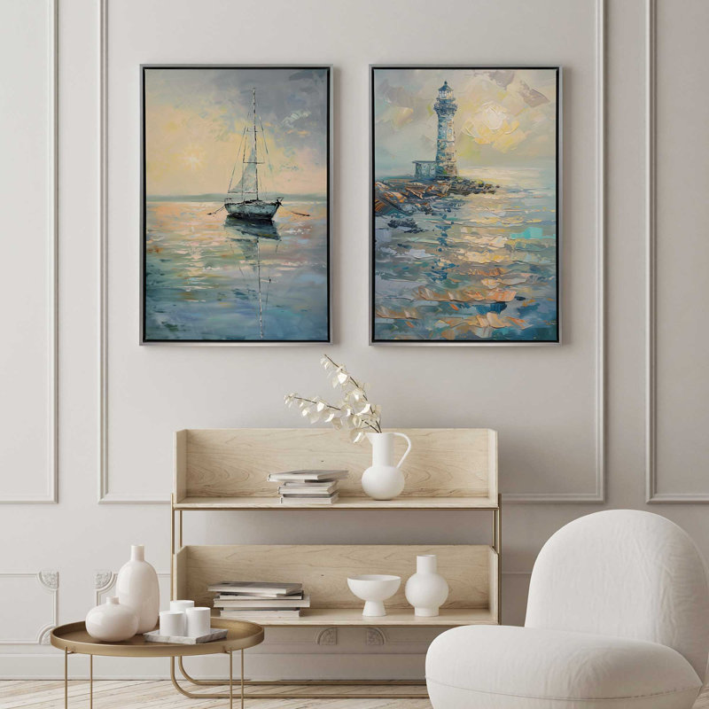 "Harbor Glow" par Golden Glow Interiors 2 - Pièces sur toile, Cadre en chrome poli, H 32 po x l 22 po