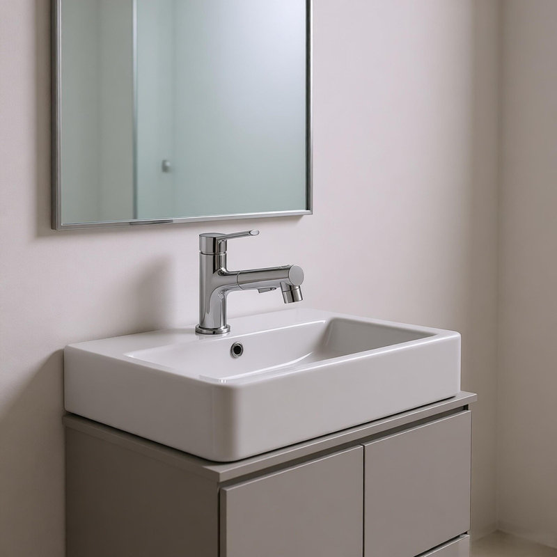 Robinet de lavabo de salle de bain avec douchette extractible, robinet de lavabo de salle de bain moderne à poignée simple avec bouchon de drain de lavabo escamotable et plaque de pont, chrome 