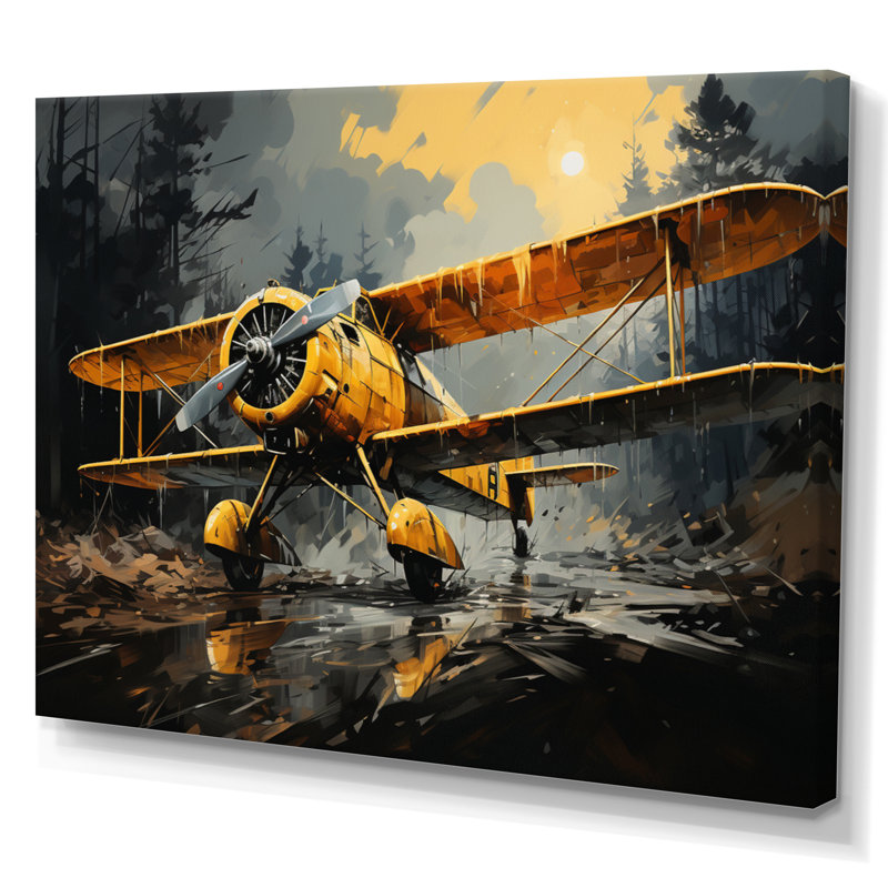 Avion jaune dans la forêt - impressions sur toile de transport, H 16 po x l 32 po x P 1 po, Toile tendue