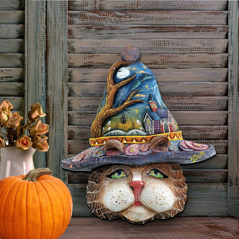Décoration murale suspendue porte en bois figurine halloween réveillon chat