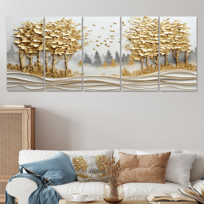 «Blue Gold Pine Tree Misty Mountain Mornings IV», ensemble d'art mural pin