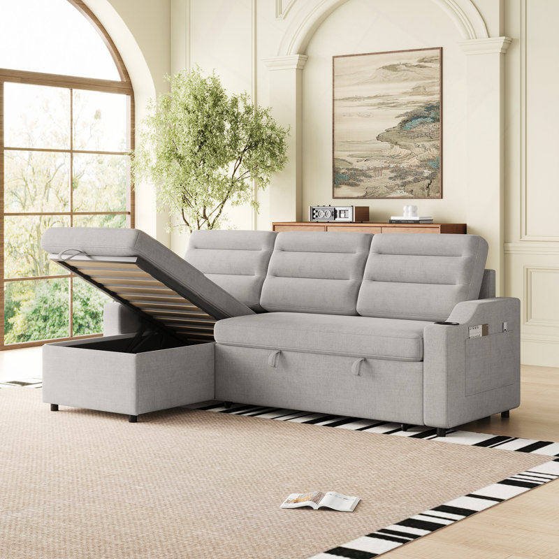 Canapé-lit convertible, canapé-lit convertible en polyester avec inclinable de rangement et porte-gobelet pour le salon, espaces restreints