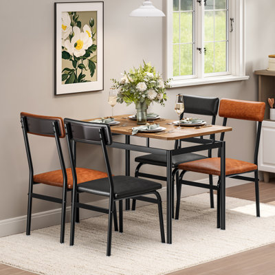 Space-Saving 5-Piece Dining Table Set for 4 - Rectangular Kitchen Table with 4 PU Upholstered Chairs, Metal Frame, MDF Brown Wood Grain Top