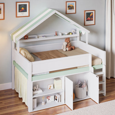 Loft Bed With Built-in Shelves, Storage Cabinet And Canopy Roof by Ophelia & Co.