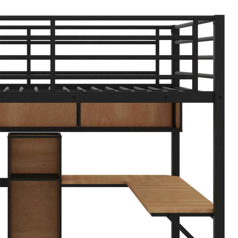 Lit mezzanine en métal avec bureau en L et tablettes