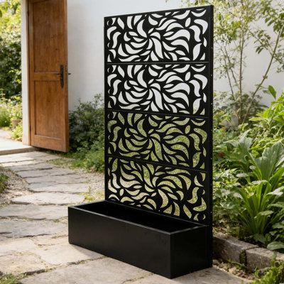 Paravent autoportant à motif de feuilles avec bac à fleurs, décoration en métal durable pour patio et balcon
