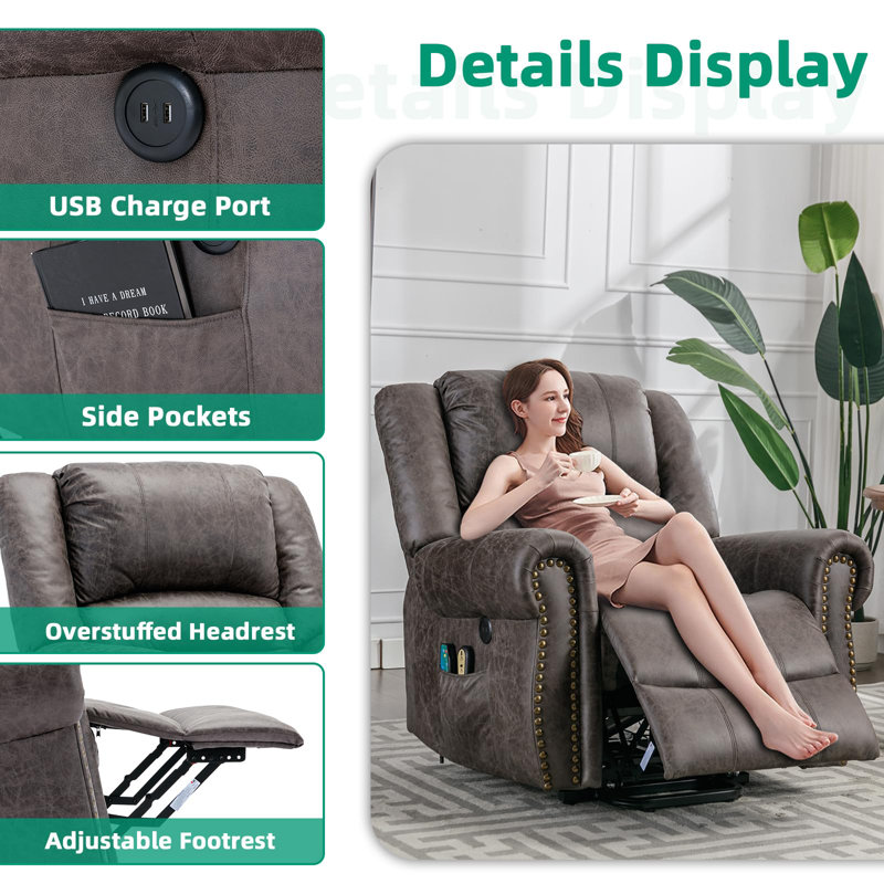Baugus Lift Assist Power Recliner, Smoky Gray (Bronzing Suede Fabric)