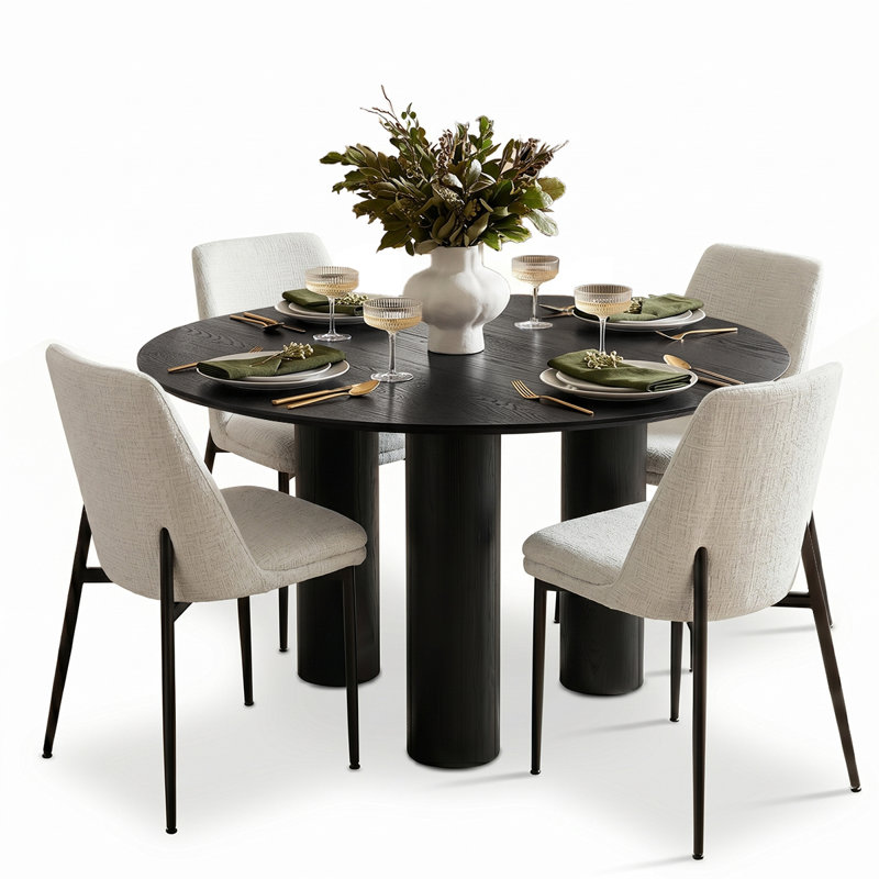 Modern 5-Piece Round Dining Set With Multi-Pedestal Base Table And Upholstered Side Chairs, Beige