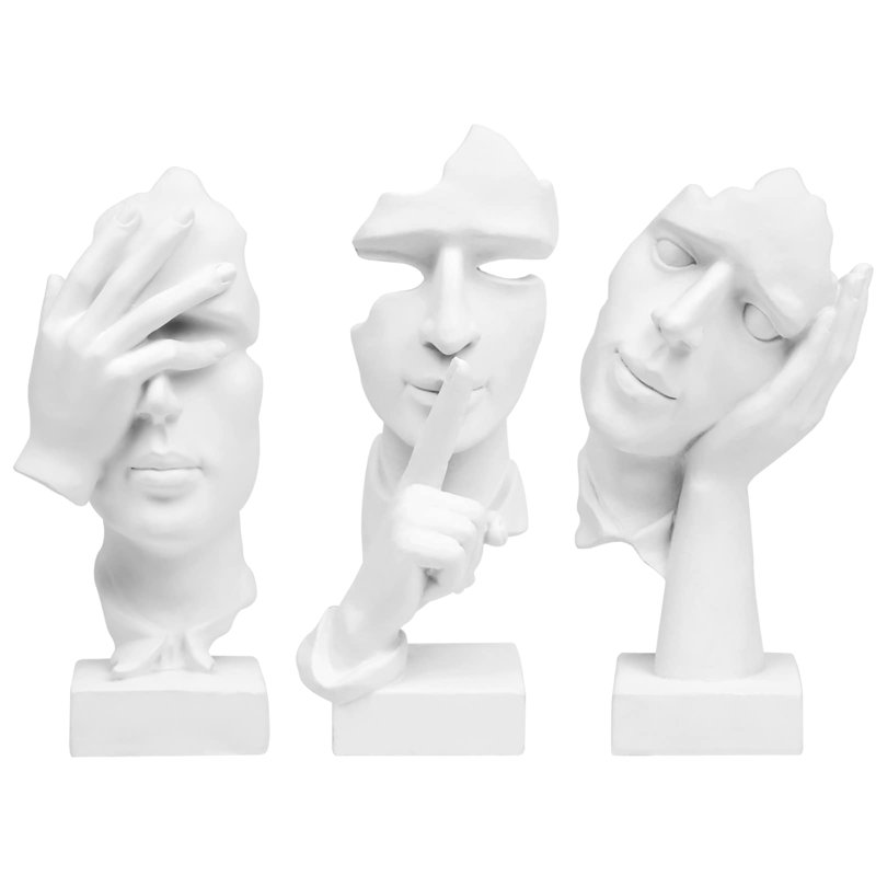 3 pièces statue de penseur, Silence is Gold, résine abstraite, décor de maison et de bureau moderne, Blanc
