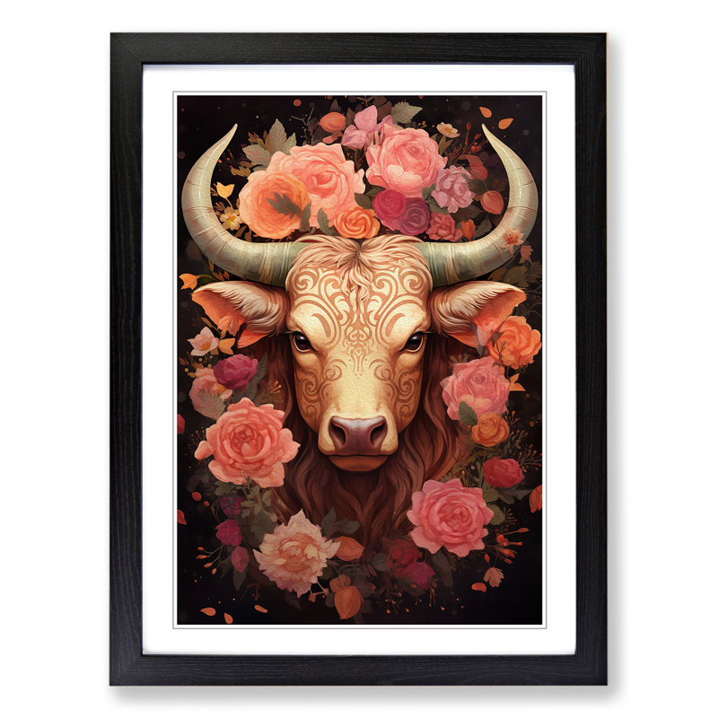 XYZ-FRM-V1223-1615 Taurus Zodiac Tachisme - Single Picture Frame Print on Wood, 34cm H x 25cm W x 2cm D, Black 