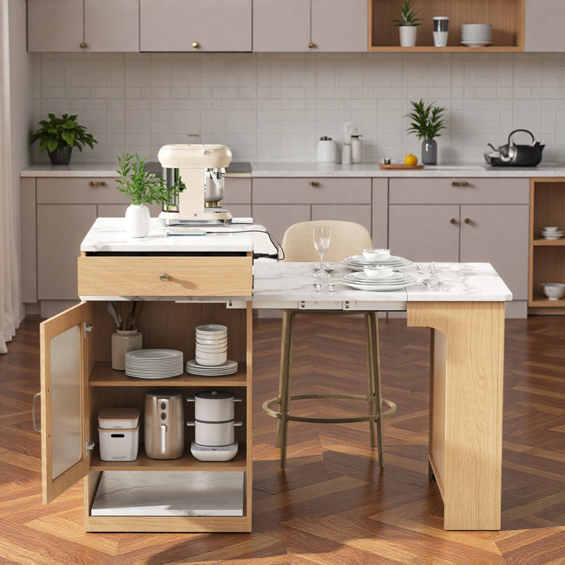 Kitchen Island With Extendable Dining Table, Double-sided Storage, 2 Drawers, Power Outlet, White, Natural