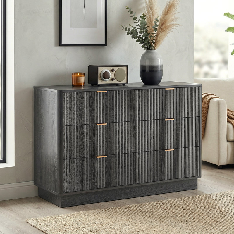 Commode cannelée à 6 tiroirs profonds, commode cannelée de 47 po de largeur pour chambre à coucher avec poignée dorée, commode moderne Mid-Century pour le salon, le couloir, le placard