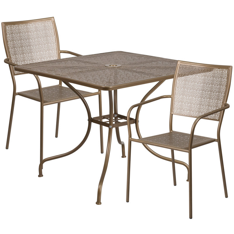 Janeth 35.5'' Square Indoor-Outdoor Steel Patio Table Set with 2 Square Back Chairs, Gold