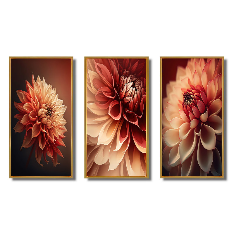 «Orange Dahlia Flower», 3 pièces sur toile, Or, H 40 po x l 60 po