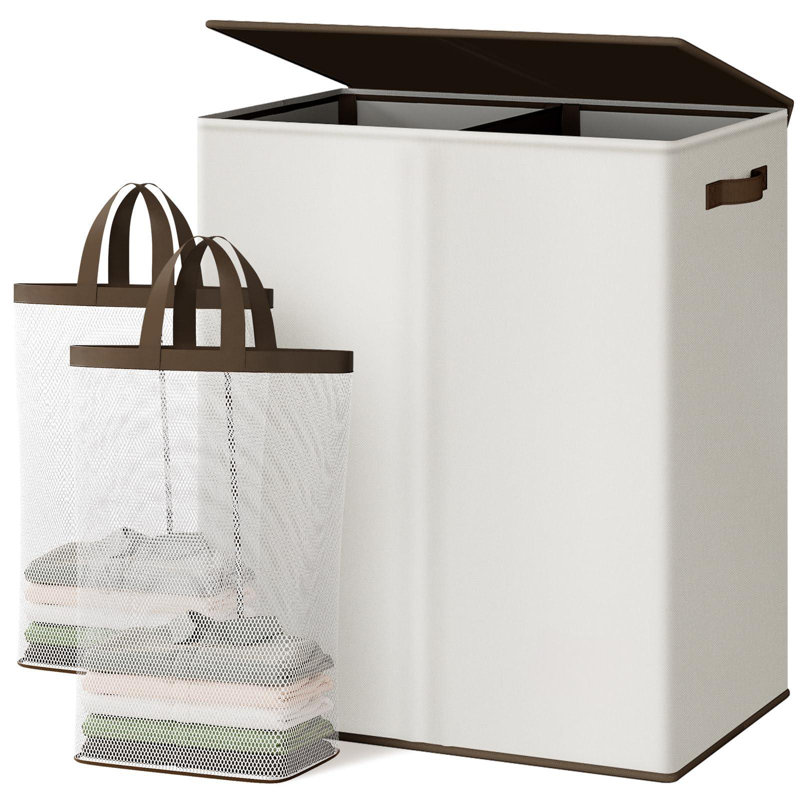 Luxury Double Laundry Hamper With Lid And Removable Bags, Large Hamper For Laundry, Laundry Basket 2 Sections, Collapsible Ditry Clothes Hamper For Bedroom, Laundry Room, Bathroom, Off-White