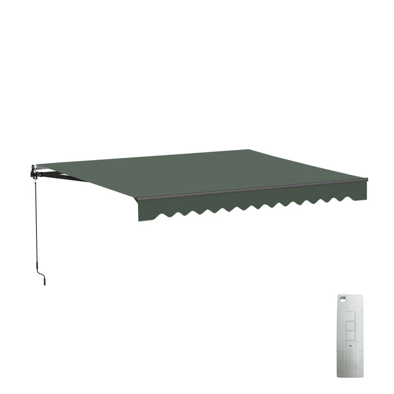 Retractable Motorized Patio Awning – Black Frame, Green, 13' W x 10' D