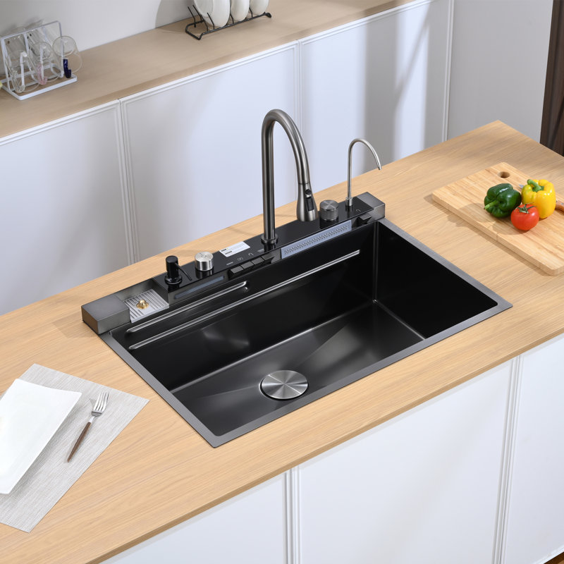 33"L × 22"W Drop-in Single Bowl Stainless Steel Kitchen Sink with Digital Display Workstation Sink, Black