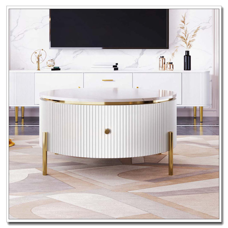 Table basse ronde avec 2 grands tiroirs de rangement, Blanc