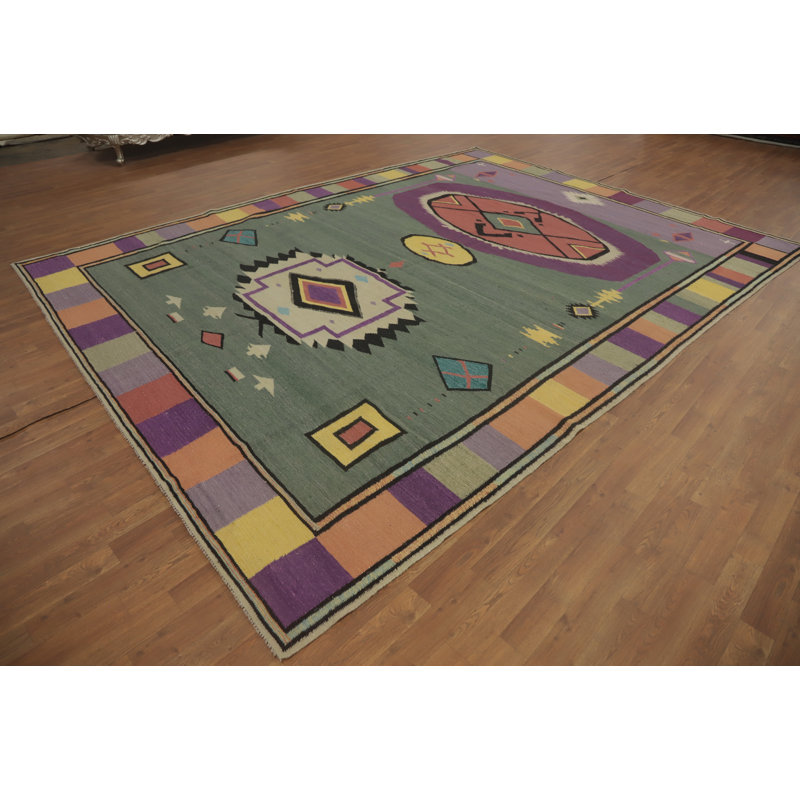 Tapis vert kilim en laine vert 9 x 12