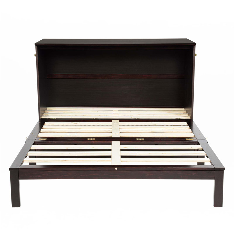 Grand lit escamotable, armoire-lit en bois de pin avec centrale électrique et panneau de décoration en rotin, Espresso