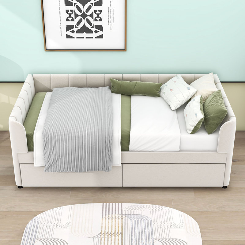 Copelyn Twin Size Velvet Upholstered Daybed with 2 Drawers, Beige
