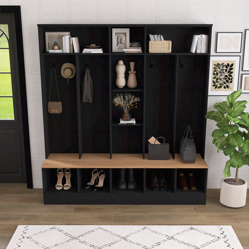 Wide Hall Tree Storage Bench, Minimalist Cube Shelf Shoe Cabinet, &-hook Mul Functional Coat Rack, Black