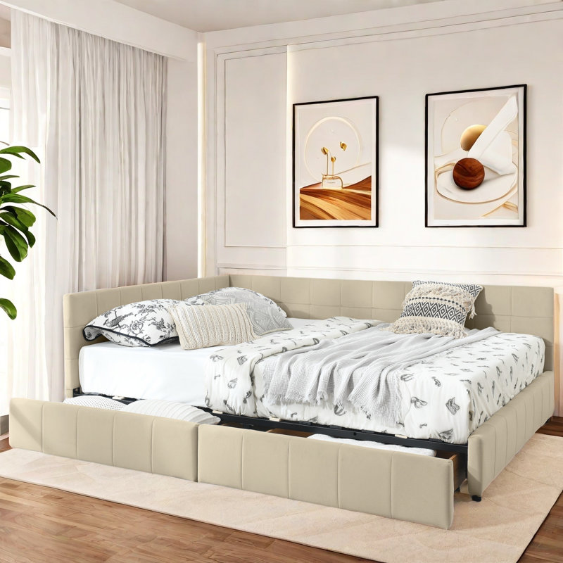 Lit tapissier avec 2 tiroirs Torres, Beige