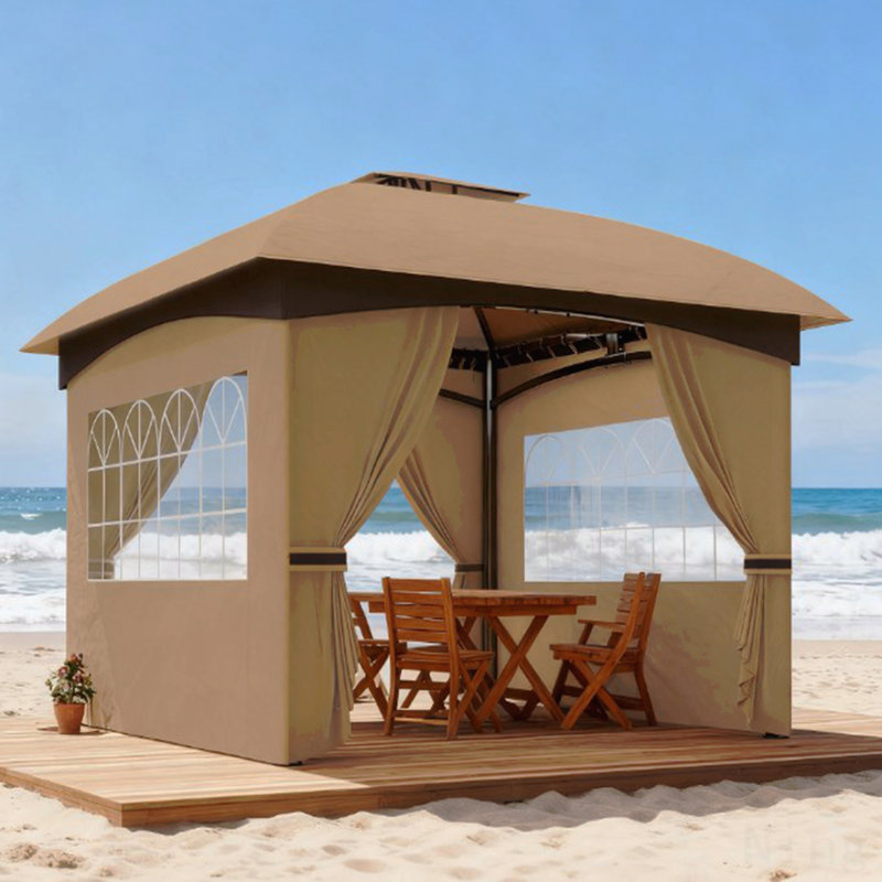 Pavillon de jardin, double toit pour l'extérieur avec rideaux et fenêtres d'églises, Beige