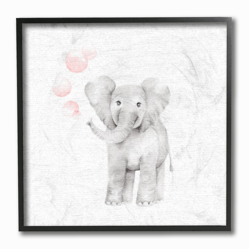 «Baby Elephant Bubbles», impression en lin rose, H 12 po x l 12 po, Cadre noir