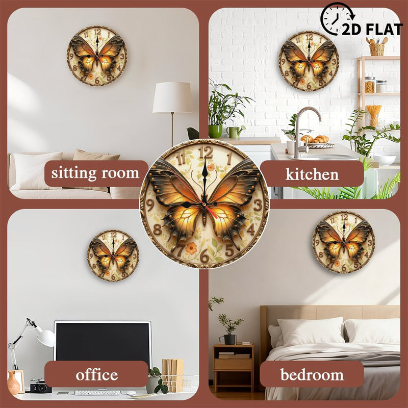 Horloge murale papillon avec motif floral et accents dorés
