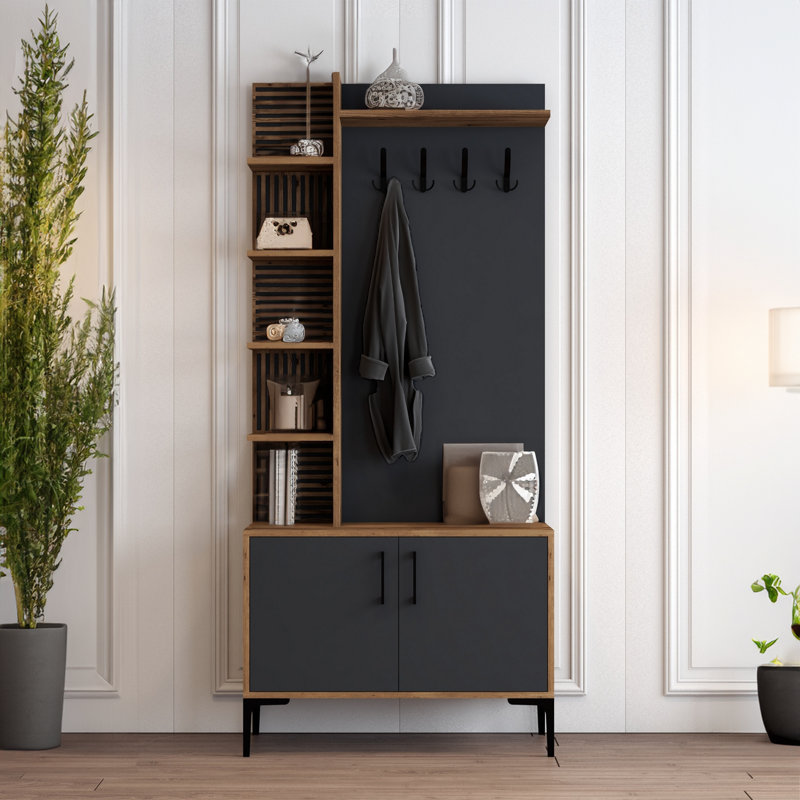 Hall Tree 35.4'' Wide With Shoe Storage, Walnut Anthracite