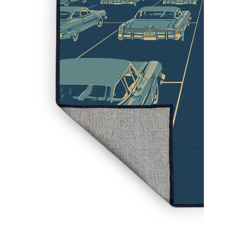 Machine Washable Entertainment & Pop Culture Drive In Theater Vintage Vintage Look Rug in Gray – Navy Binding, 5x8