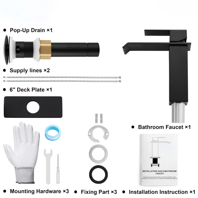 Stainless Steel Waterfall Bathroom Faucet (3-Hole Fit) With Pop-Up Drain, Deck Plate & Supply Hoses, Matte Black
