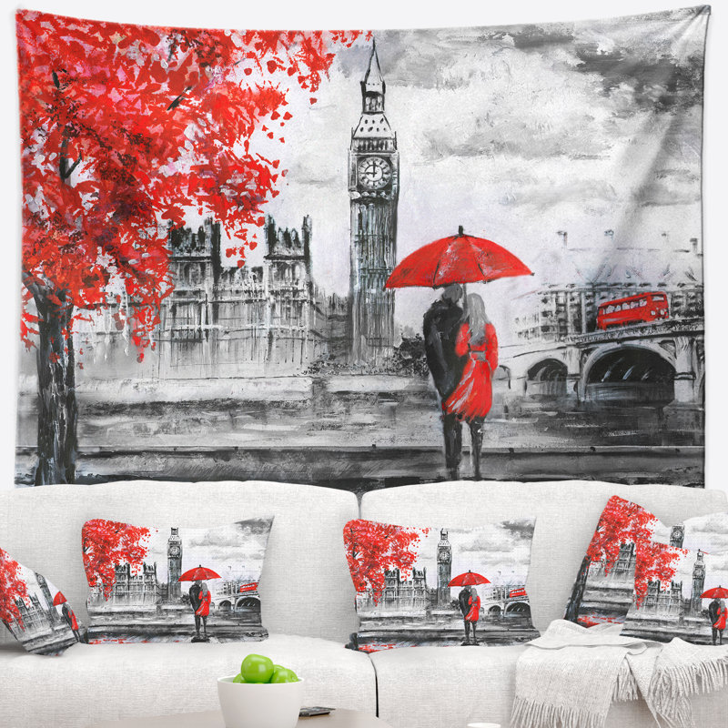 Couple de polyester marchant dans la tapisserie de Londres avec accessoires de suspension inclus, H 50 po x l 60 po