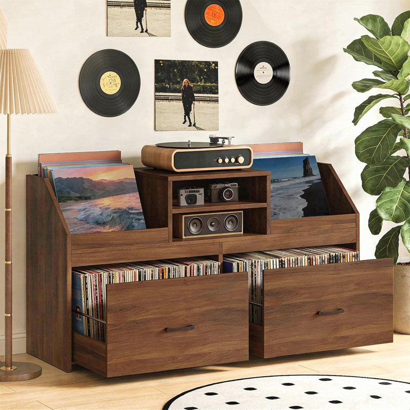 Grand support pour tourne-disque avec station de charge et 2 tiroirs coulissants, armoire de rangement pour disques