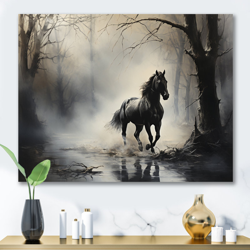 «Gray Horse Misty Morning Canter I», art mural encadré, H 24 po x l 32 po x P 1 po, Toile tendue