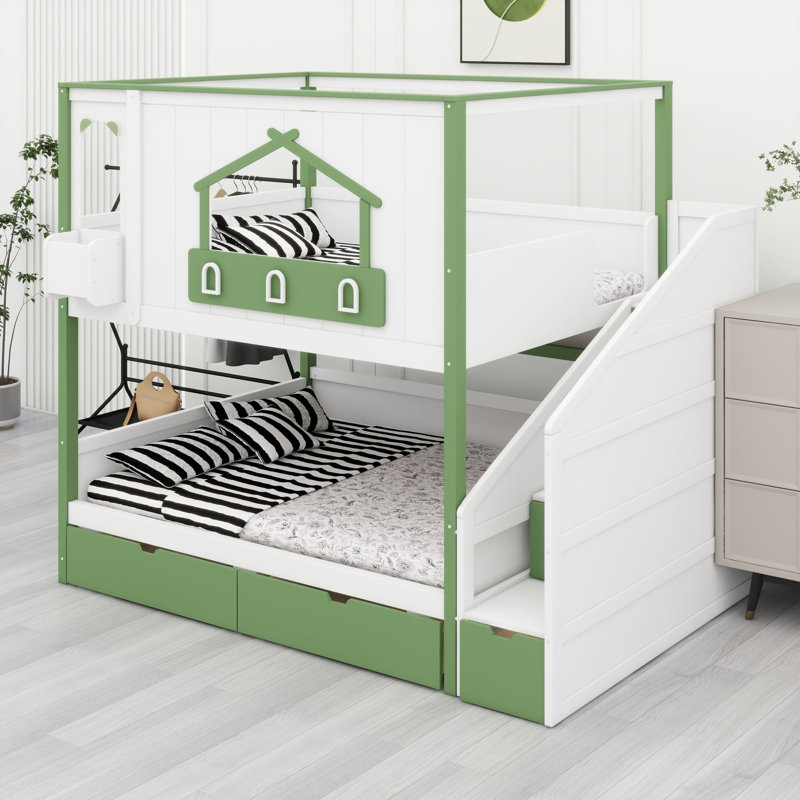 Lit superposé avec conception de cabane et rangement sous l'escalier pour des chambres ludiques, Full over Full, White+Green