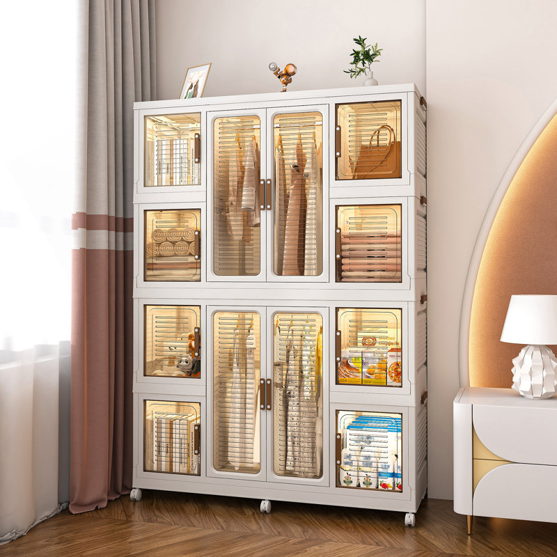 Organisateur de garde-robe portatif avec 12 portes magnétiques, 12 cubes, 2 tringles de suspension et 16 cintres pour un rangement efficace des vêtements
