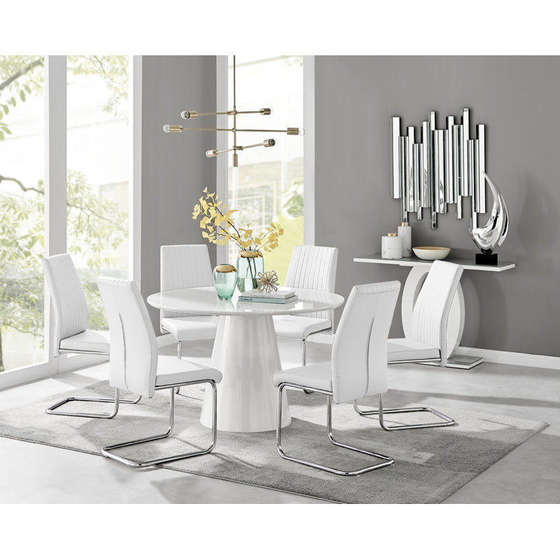 Edward Statement Pedestal Dining Table Set with 6 Luxury Faux Leather Upholstered Dining Chairs, White, White