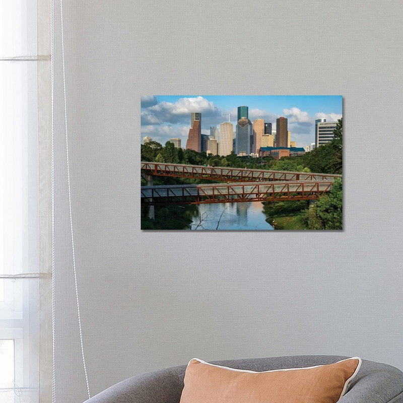 Elevated Walkway Over Buffalo Bayou With Downtown Skyline In Background, Houston, Texas, USA by Panoramic Images - Wrapped Canvas Gallery-Wrapped Canvas Giclée