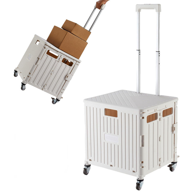 Foldable Utility Cart Folding Portable Rolling Crate Handcart With Durable Heavy Duty Plastic Telescoping Handle Collapsible 4 Rotate Wheels(White)